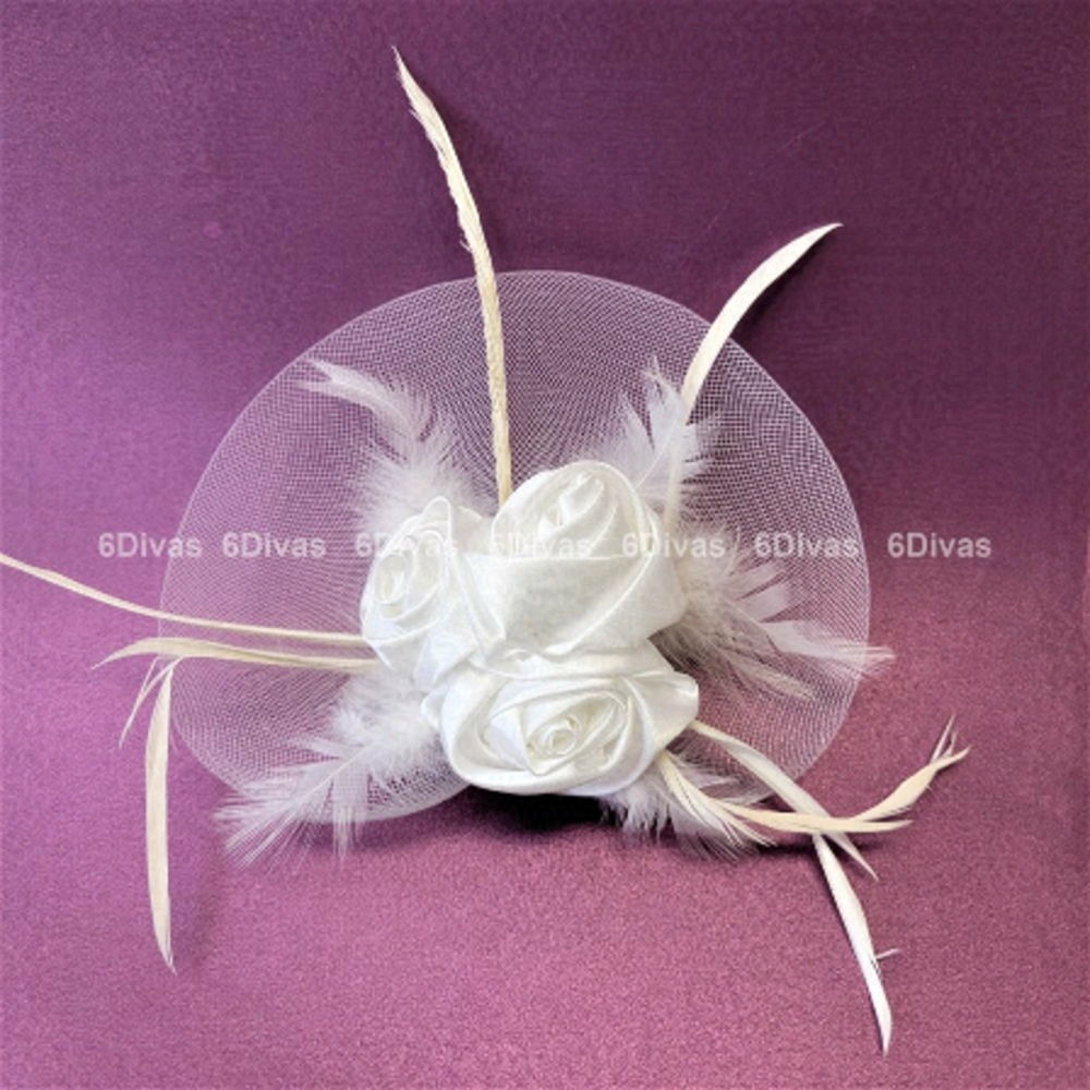 White Bridal Hair Accessory Rosette Fascinator with White Feathers White Brooch